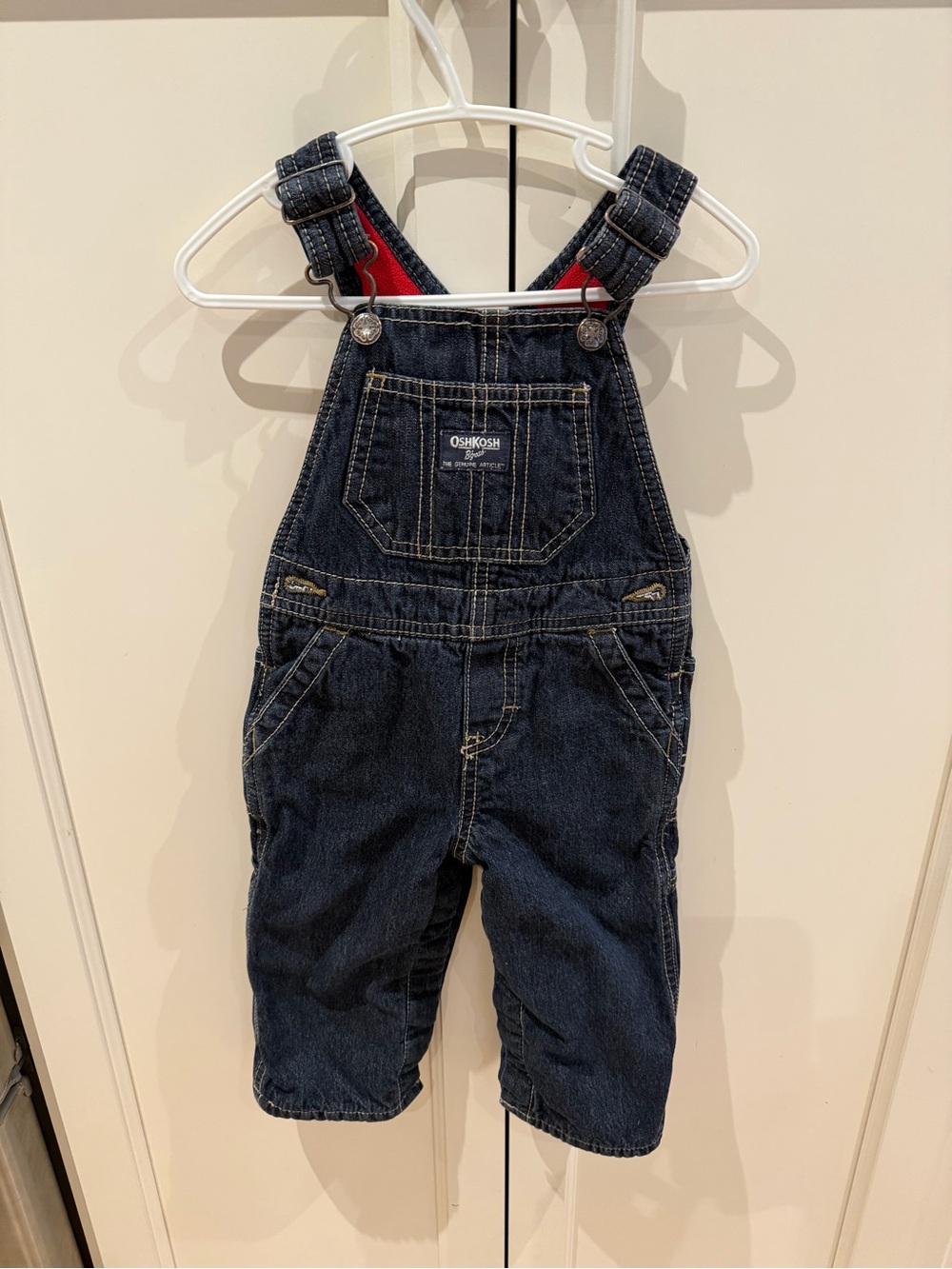OshKosh B'gosh 12m Dark Blue Denim Overalls with Red Lining